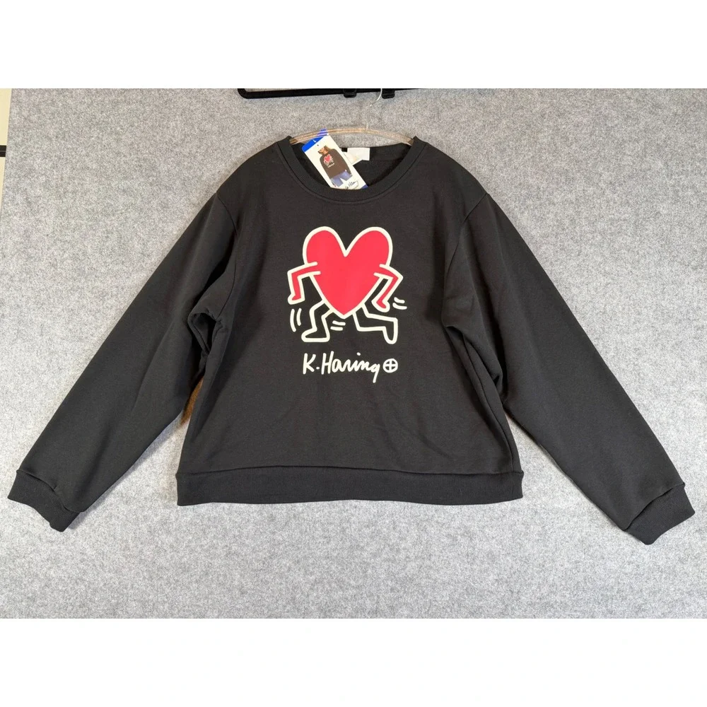 Keith Haring Sweatshirt Women Large Black New Heart Graphic Crewneck Pop Art